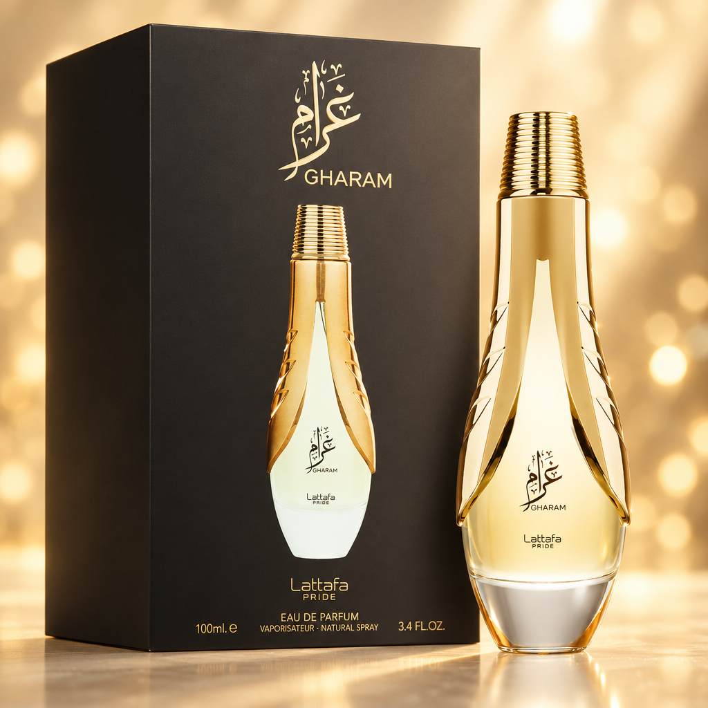 Gharam perfume with soft golden lighting and a sophisticated background