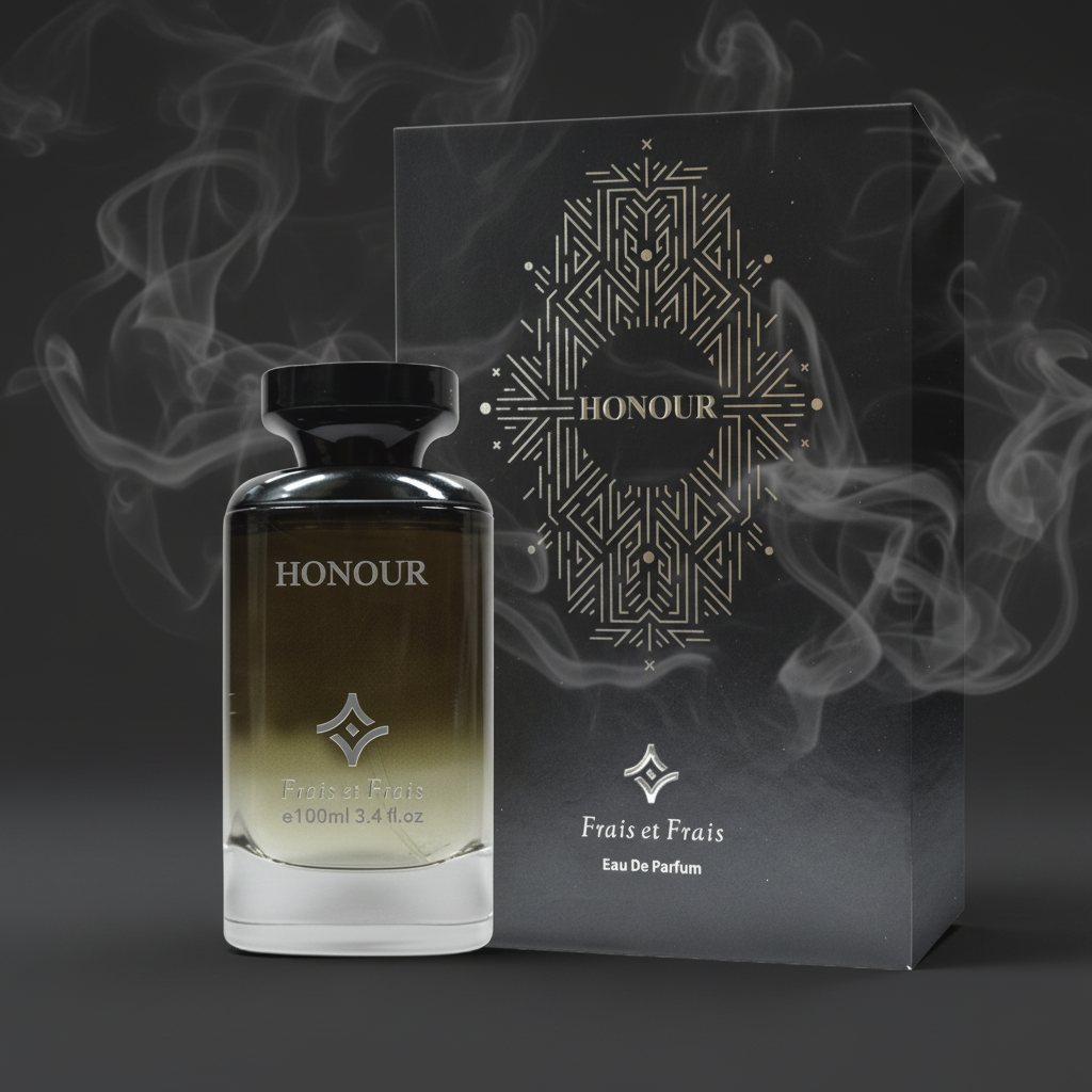 Frais Et Frais Honour Men Eau de Parfum 3.4 fl oz - woody aromatic men's fragrance bottle, smoky dark background, luxury niche perfume