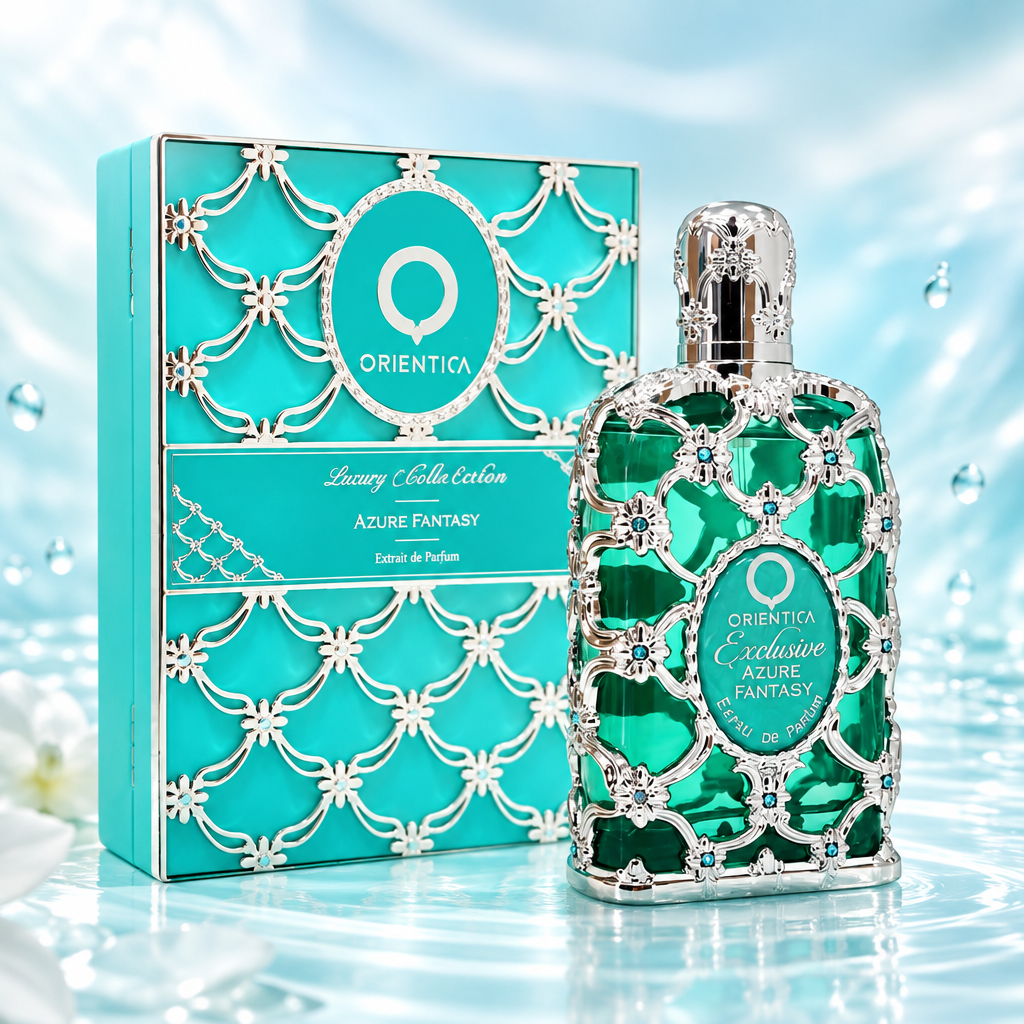Orientica Azure Fantasy perfume bottle and box on a soft blue aquatic background